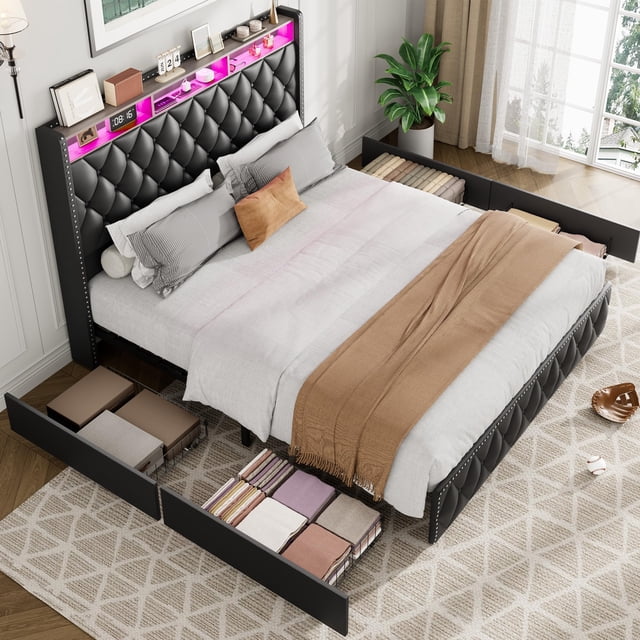 GloryStar Queen Platform Bed, Velvet Upholstered Frame with Storage Drawers, USB Charging, LED Lights, Wooden Slats, No Box Spring Required, Easy Assembly