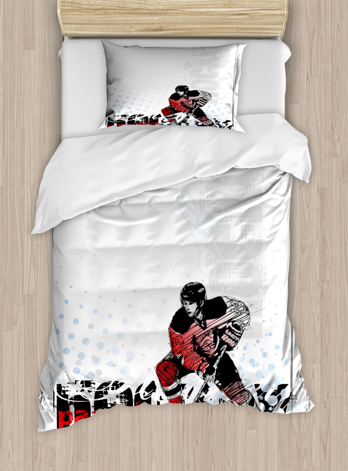 Hockey Duvet Cover Set Twin Size, Artwork of a Goalie with a Stick
