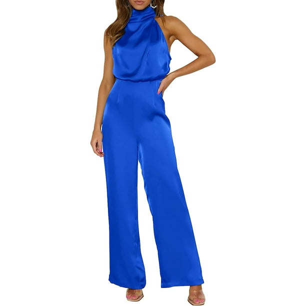 (Bright BlueXXLarge)Women's Satin Jumpsuits 2023 Summer One Piece