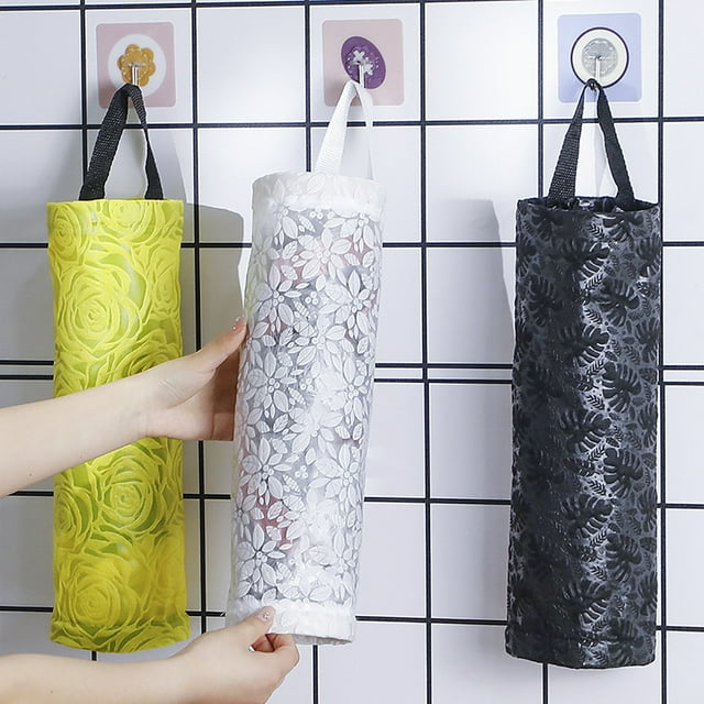 Soporte para bolsas de plástico CLLC, soporte reutilizable para bolsas de supermercado, organizador de bolsas de basura de lona con diseño floral para decoración del hogar, cocina y despensa (negro).