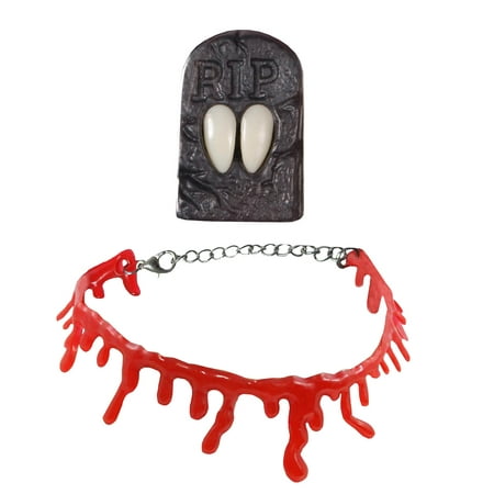 Dripping Blood Choker Necklace Vampire Fang Fake Teeth Dracula Accessory Kit