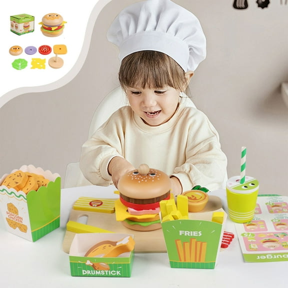Loespoir Pretend Play Food Sets For Kids, Kitchen Toys Wooden Hamburger Toy, Sandwich Playset Birthday Gift, For Boys Girls, Imaginative Play, Role Playing, Toy Food, Educational Fun