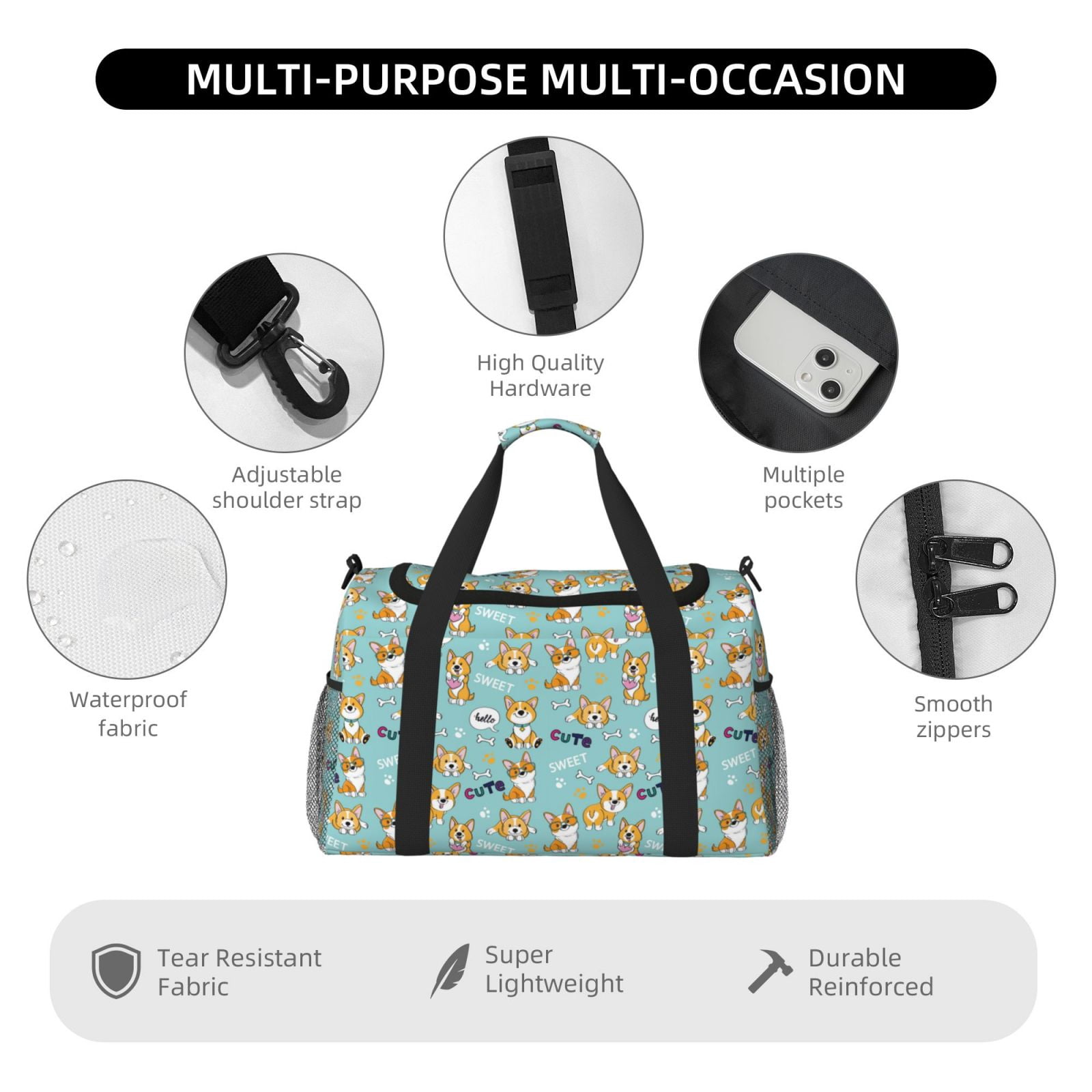 Fuzoiu Cute Dogs Corgi Print Travel Duffle Bag,Carry On Tote Bags,Duffel Bag,Sport Gym Bag, Hospital Bag for Labor and Delivery, Overnight Bag,Luggage Bag