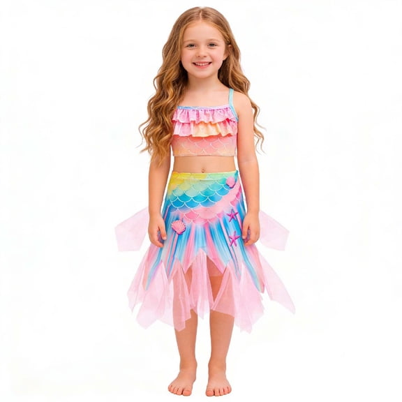 LIIPEE Girls Swimsuit Sets Casual Summer Glitter Scale Printed Ruffle Trim Adjustable Spaghetti Strap Bikini Tops Shorts Mesh Flowy Skirt 3 Piece Set Kids Backless Cute Swimsuits,Pink,7-8 Years