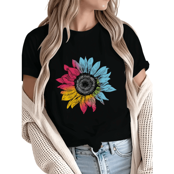 Giffimy Women's Rainbow Tie-Dye Sunflower Graphic Short Sleeve T-Shirt Comfortable Cotton Crewneck Top