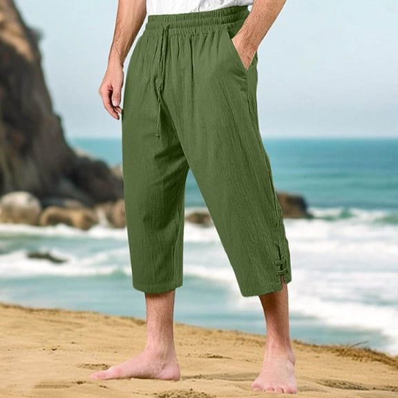 Nuoqisi Baseball Pants Linen for Men Summer Solid Loose Fitted Elastic Waist Casual Elastic Waist Basic Trouser with Pockets Pants