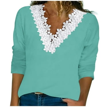 AherBiu Long Sleeve Tops for Women Lace V Neck Fall Casual Loose Basic T Shirts Blouse Comfy Plain Tees