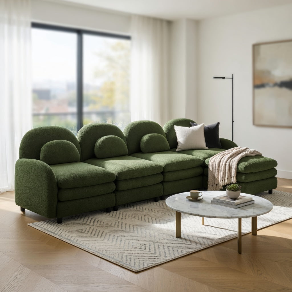 Hommoo Teddy Fleece 4-Seat Modular Sectional Sofa, Cloud-Like Double-Layer Cushion, Curved Backrest & Armrest, Movable Ottoman, Easy Assembly, Green