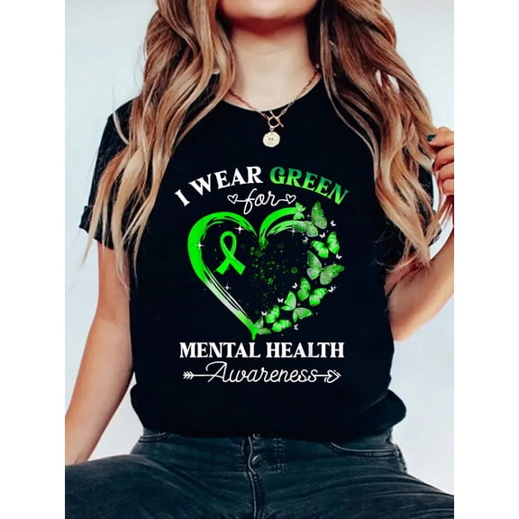 I Wear Green For Mental Health Awareness Butterfly Casual Printed 100% Cotton Women T Shirt, Summer Tshirts Short Sleeve