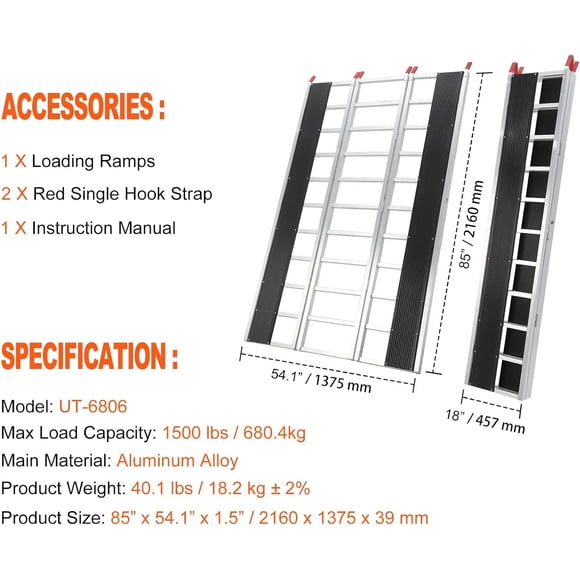 Ourlova 1Pcs Aluminum Ramps 1500 Lbs Folding Loading Ramps for Pickup Trucks Bed Trailers Ramp with Load Straps for UTV Dirt Bike ATV Lawn Mowers Trucks