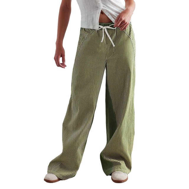 ManxiVoo Women Street Style Wide Leg Jeans Color Block Striped Loose Straight Leg Casual Denim Trousers L Size Green