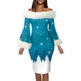 thumbnail image 2 of BLTIBY Christmas Dress for Women Fall Winter One Shoulder Long Sleeve Printed Fuzzy Wrap Hip Mrs Claus Costume Xmas Outfits Holiday Party Swing Dress Sky Blue S, 2 of 5