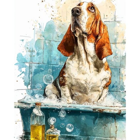 Paint by Numbers Adult DIY Hand Painted Basset Hound taking a bath Oil Painting Canvas Kits with Brush and Acrylic Gifts and Home Decoration Without Frame 40 x 50 cm