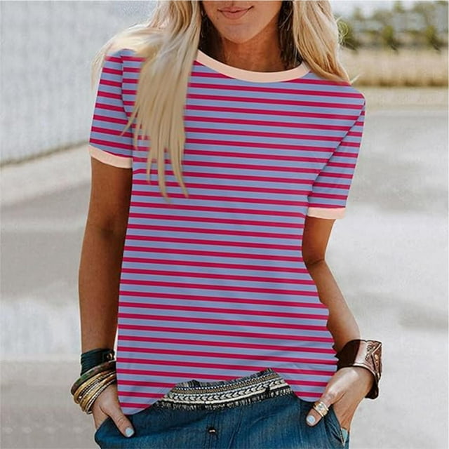 Blouses pour Femmes, Mode Blouses Décontractées à Rayures Imprimées Patchwork Manches Courtes Col Rond
