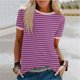 thumbnail image 2 of Blusas para las Mujeres Casual, Rayas Impresas Patchwork Manga Corta Cuello Redondo Top Hecho de 95% Poliéster 5% Spandex para el Verano, Tops Cortos para las Mujeres, 2 of 5