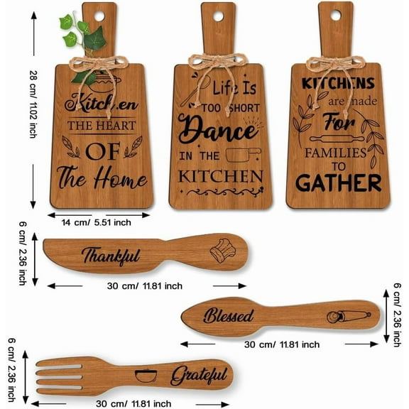 6pcs Kitchen Wooden Sign Wall Decor Eat Wood Cutting Board Sign Dining Sign Farmhouse Tiered Tray Wall Art Rustic Hanging Fork Spoon
