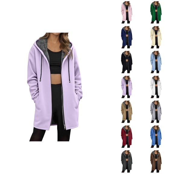 Long Winter Coats for Women Long Sleeve Plain Fleece Lined Zip Up Hooded Jacket with Pockets Outerwear
