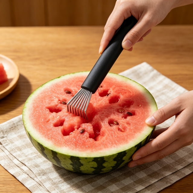Herramienta para extraer semillas de sandía y melón, acero inoxidable, mango ergonómico, compacta, apta para uso alimentario, para sandías, melones cantalupo y frutas con semillas.