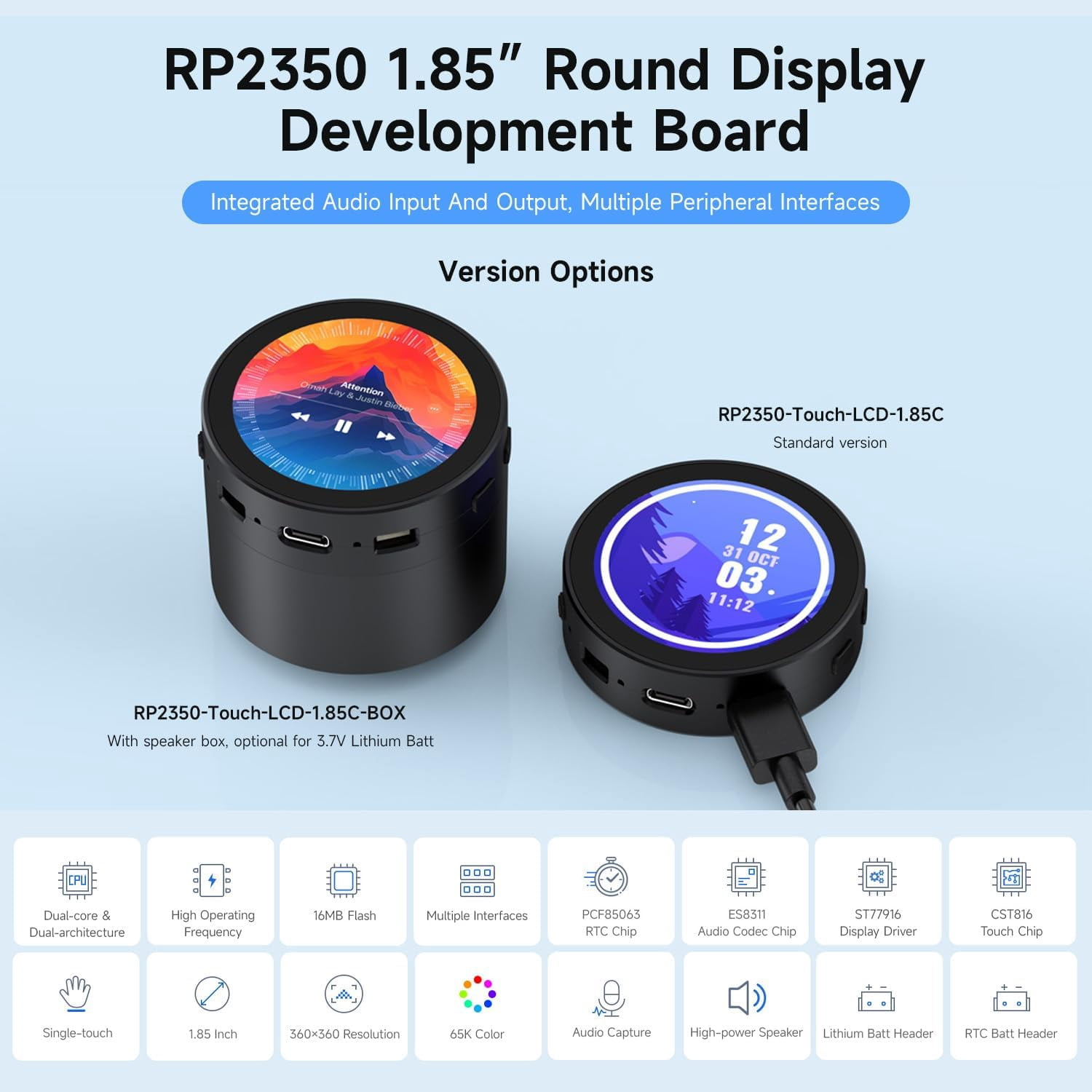 RP2350 1.85inch Round LCD Development Board, 360×360, 65K Color, Dual-core and Dual-Architecture Design, with Speaker Box and 3.7V Lithium Batt