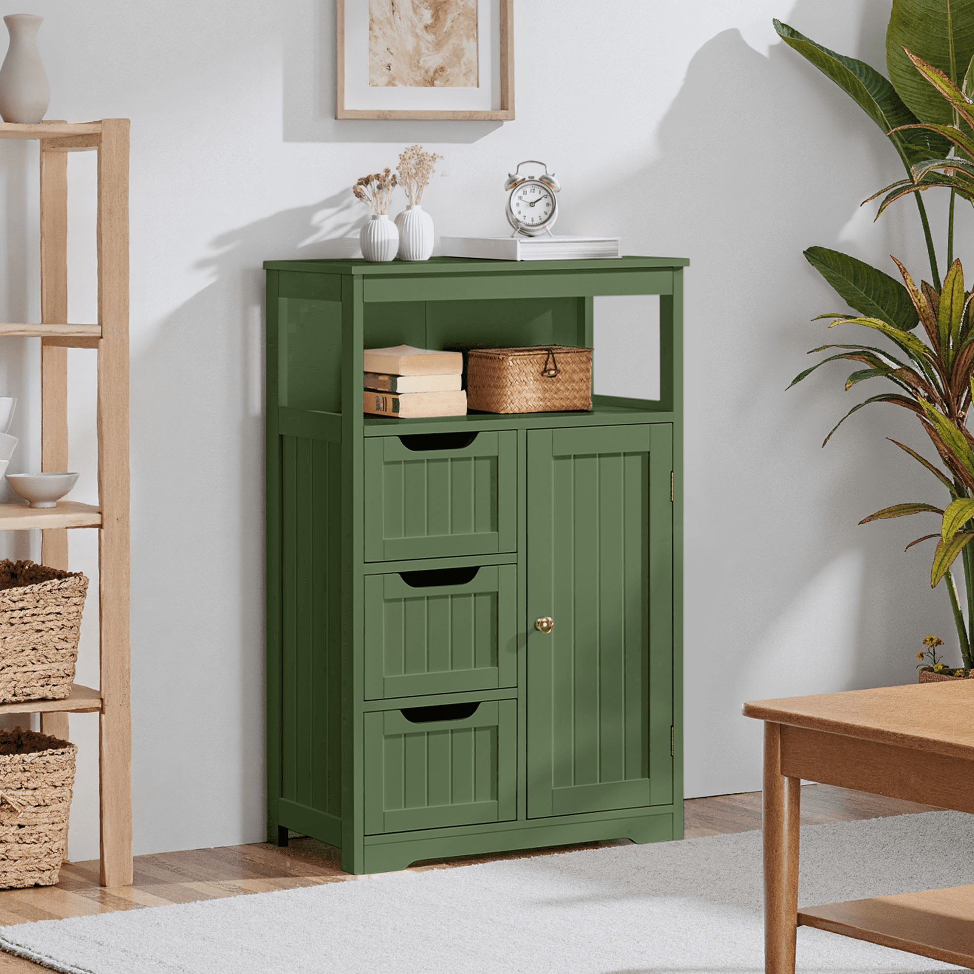 Alden Design 34″ Tall Bathroom Floor Cabinet with Adjustable Shelf and 3 Drawers, Green
