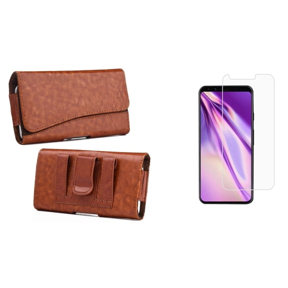 Luxmo Executive PU Leather Holster Card Slot Carrying Case (Brown) for Google Pixel 4 with Tempered Glass Screen Protector and Atom Cloth