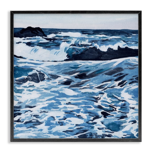 Stupell Industries Blue Coastal Waves Landscape Painting Black Framed Art Print Wall Art, 12 x 12