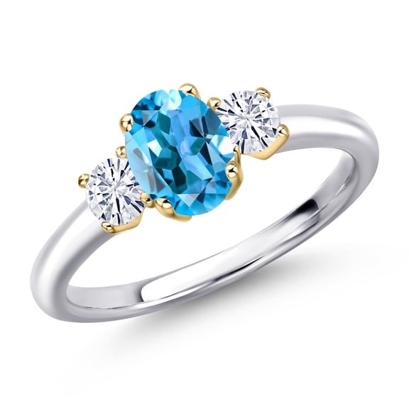 Gem Stone King 10K Two Tone Gold Swiss Blue Topaz and White Moissanite Engagement Ring for Women | 1.32 Cttw | Oval 7X5MM | Gemstone November Birthstone | Size 9