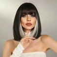 thumbnail image 4 of Phocas Black Short Bob Wigs for Women 14inch Highlight White Shoulder Length Heat Resistant Synthetic Wig with Bangs, 4 of 6