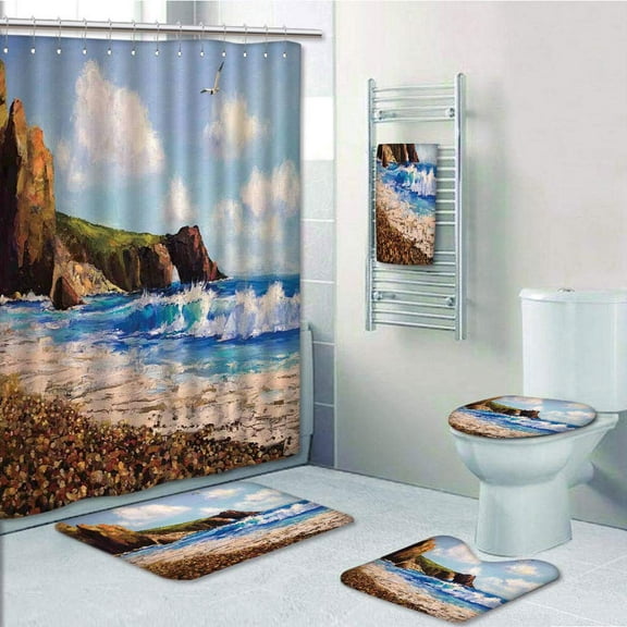 PRTAU Painting of a Sea Coast with Rock Beach Shore Wave Seagull Dramatic Nature 5 Piece Bathroom Set Shower Curtain Bath Towel Bath Rug Contour Mat and Toilet Lid Cover