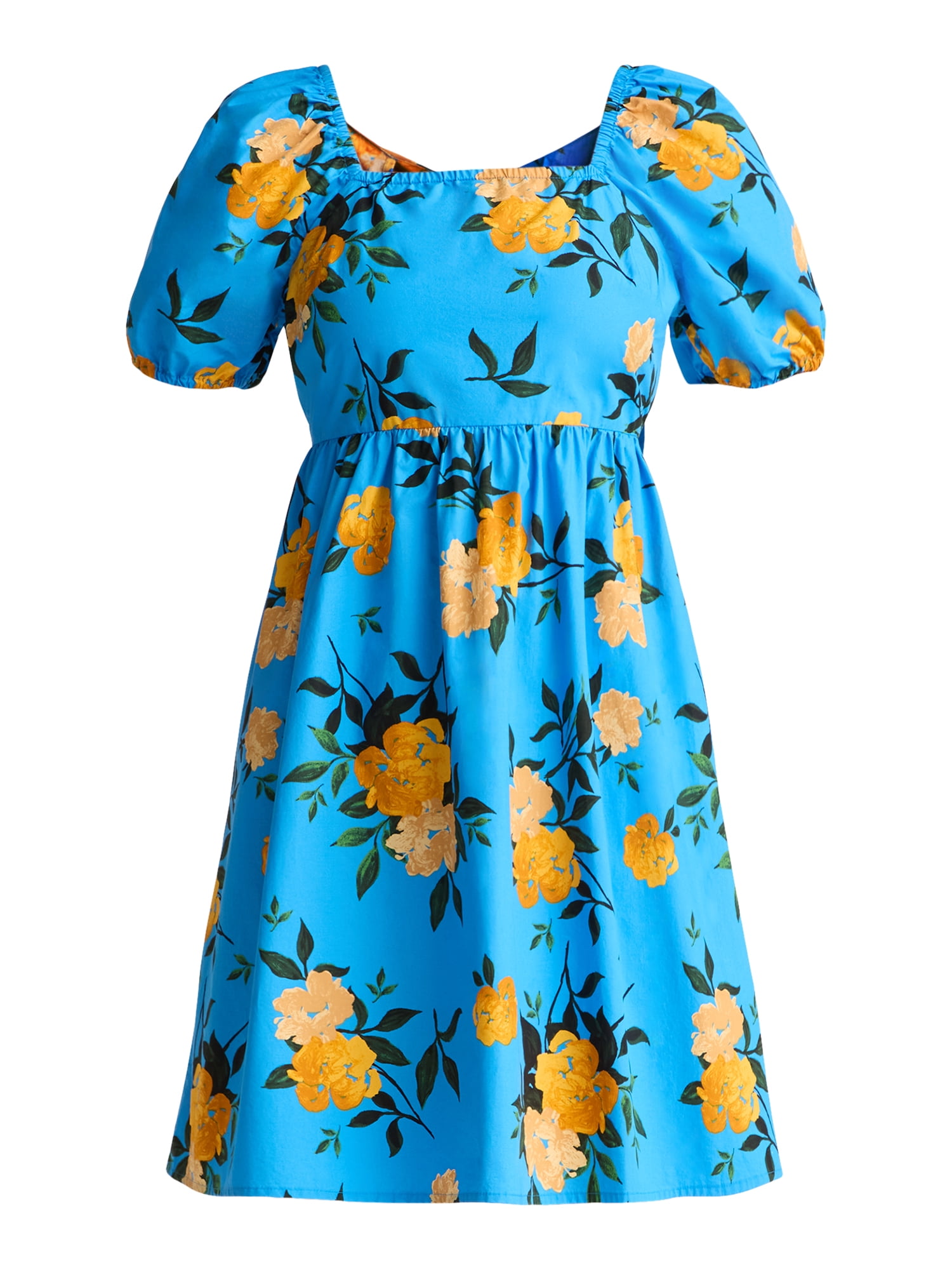 Time and Tru Women's and Women's Plus Tie Back Mini Dress with Puff Sleeves, Sizes XS-4X