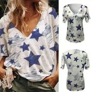 MIARHB 2021Women's Fashion Five-Pointed Star Print V-Neck Short Sleeve T-Shirt Tops going out tops for women