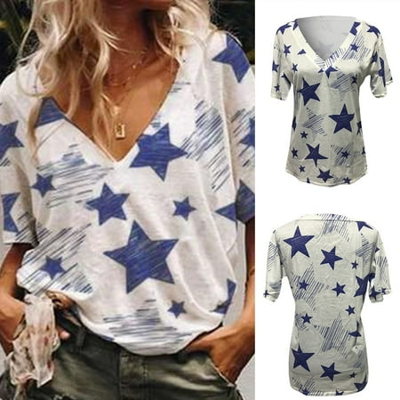 MIARHB 2021Women's Fashion Five-Pointed Star Print V-Neck Short Sleeve T-Shirt Tops going out tops for women