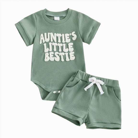 Xudanell Summer Clothes for Girls Newborn Baby Mama Girl Clothes Little Short Sleeve Romper Shorts Set Infant Knit Breathable Green 0-3 Months