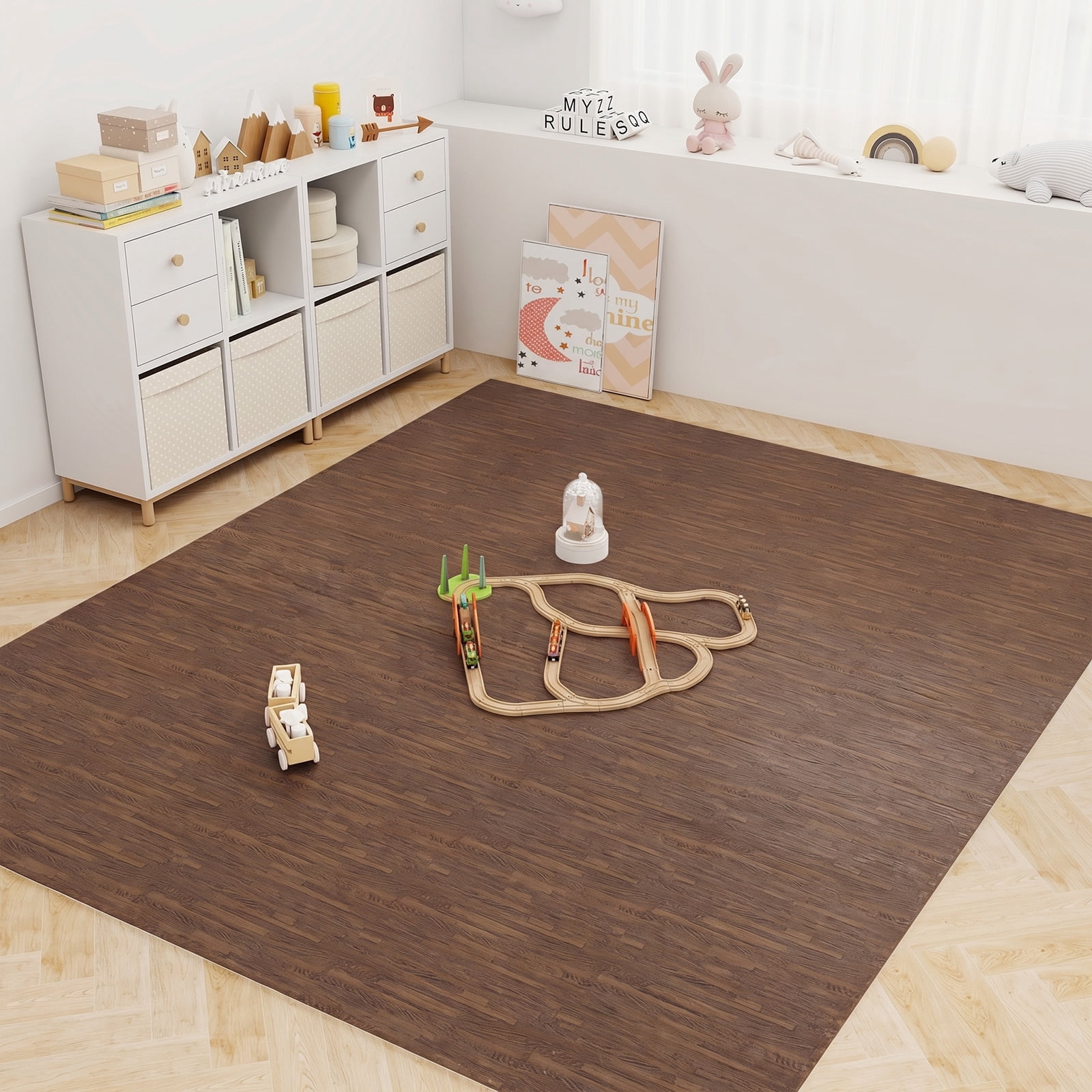 Gymax 100 Sq. Ft. Wood Grain Puzzle Mats 25-Pack EVA Foam Interlocking Floor Tiles Brown