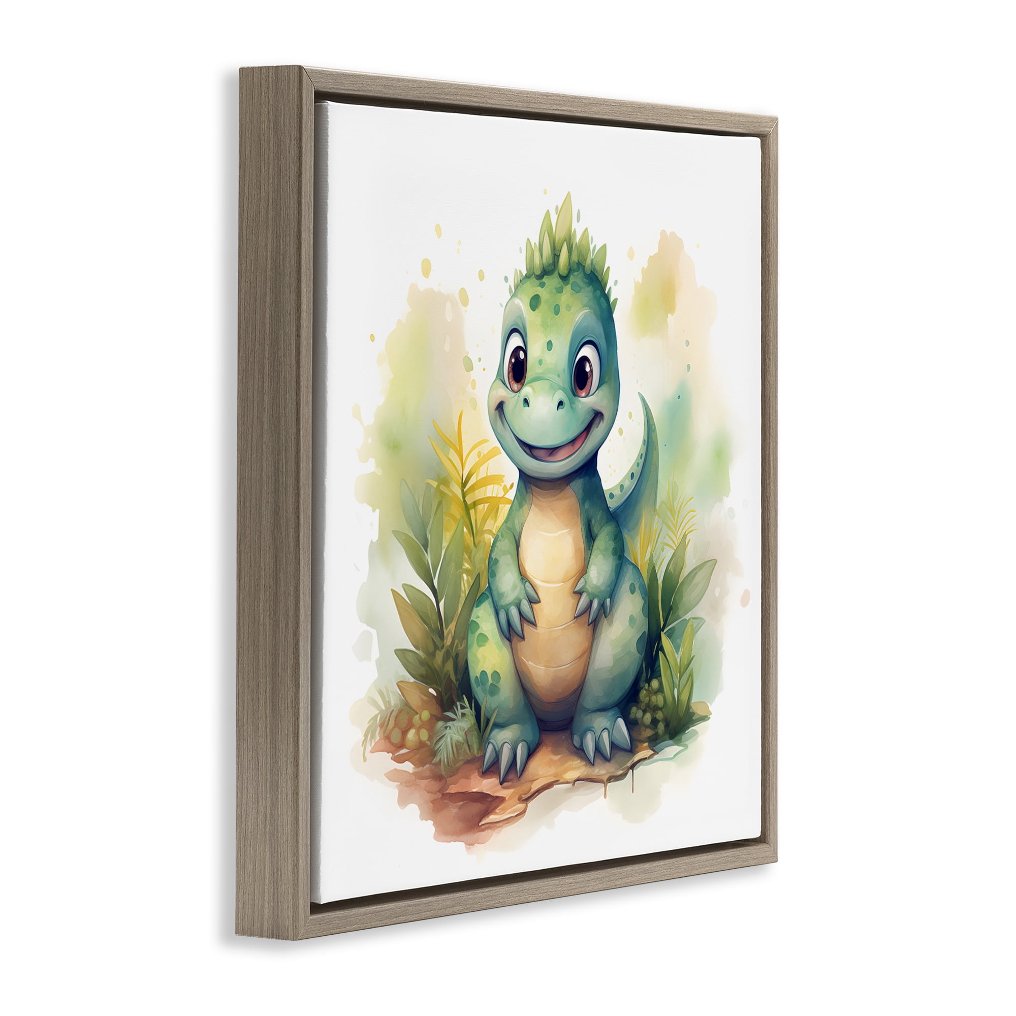Stupell Industries Crafty Smiling Dinosaur Brown Framed Floater Canvas Wall Art, design by Steve Hunziker