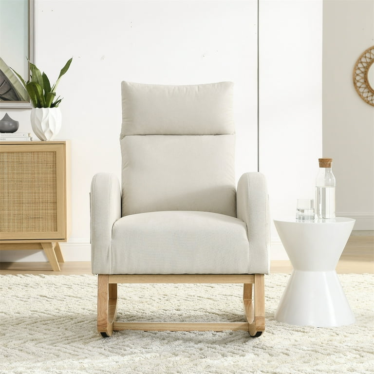 Beige Upholstered High Back Rocking Chair Wood Base Padded Seat Two Side Pockets Living Room Bedroom Office Walmart