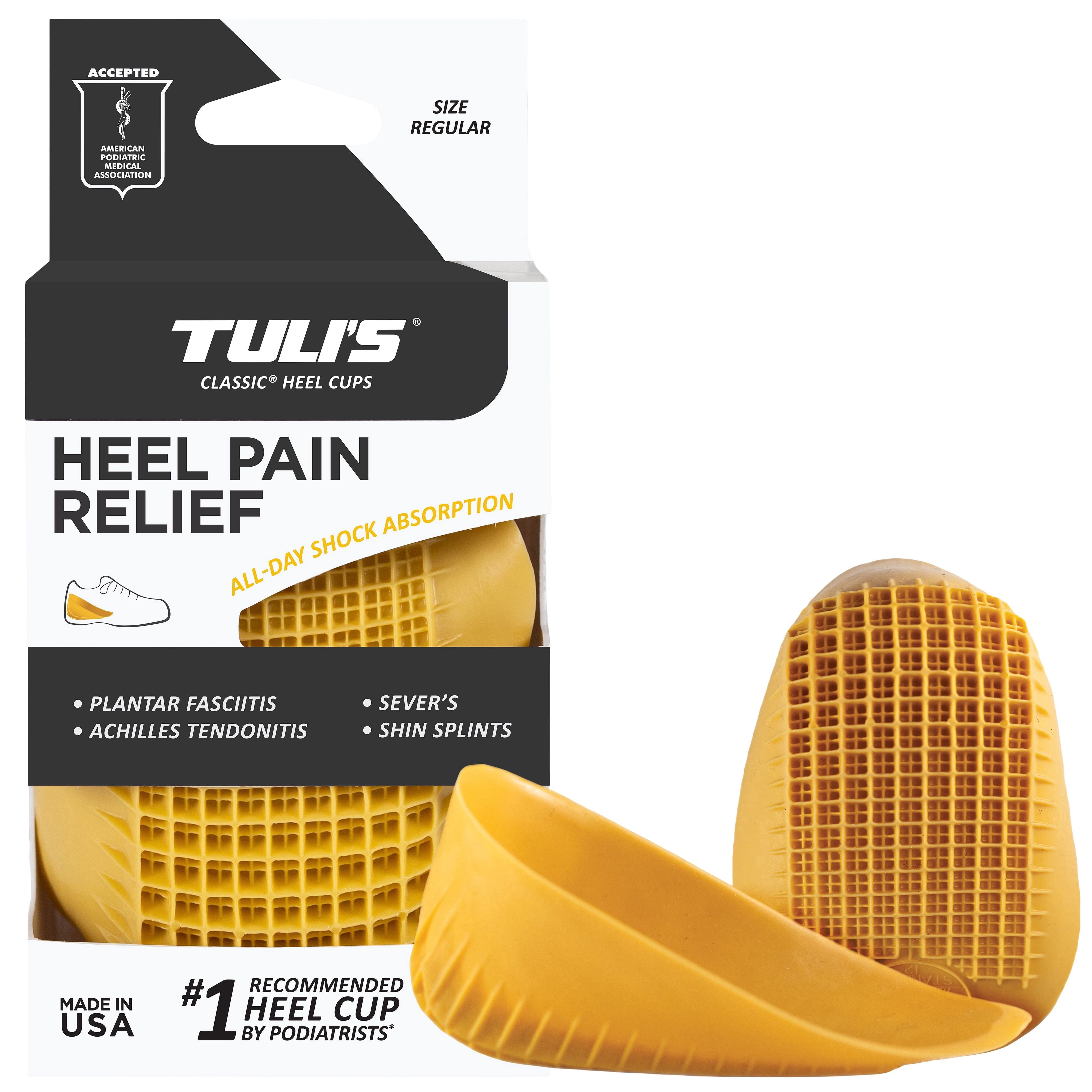 (2 pack) Tuli's Classic Heel Cups, for Heel Pain & Plantar Fasciitis, All Day Comfort, Yellow, Regular Size, 1 Pair