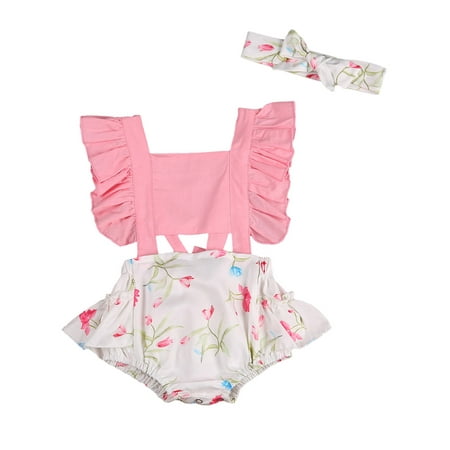 

Pudcoco Baby Girls Set Fly Sleeve Floral Print Romper And Headband Set