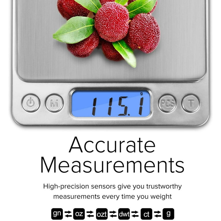 Digital Kitchen Scale,3000g/0.1g Mini Food Scale, Gram Scale with 2 Trays,  6 Units, Back-Lit LCD Display, Stainless Steel, Tare, PCS, Silver（Batteries  Included） 
