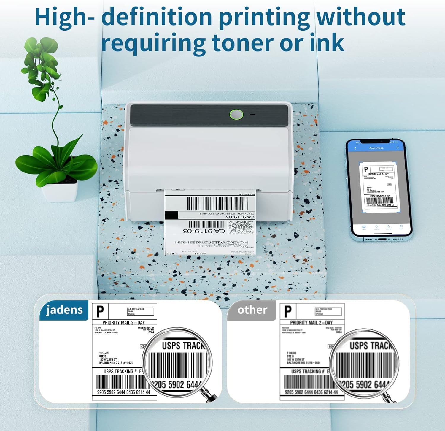 JADENS Bluetooth Thermal Label Printer, 4x6 Wireless Shipping Label Printer for Small Business and Packages, Compatible with Smartphones, Windows, White