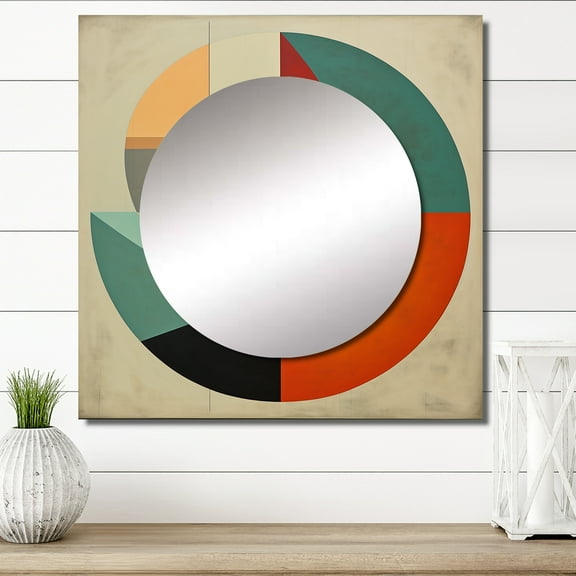 Designart "Voyage Midcentury Vintage Abstract Geometrics V" Modern Midcentury Square Mirror For Wall Decor - Large Beige Square Printed Wall Mirror Art - Wall Mounted Square Mirror