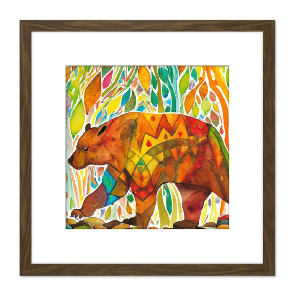Vibrant Bear in Autumn Forest Colourful Orange Watercolour Painting Square Wooden Framed Wall Art Print Picture 8X8 Inch