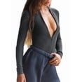 thumbnail image 3 of Women Ribbed Long Sleeve Bodysuit Zip Up Crew Neck Body Suit EKCW132 - Dark Gray L, 3 of 7
