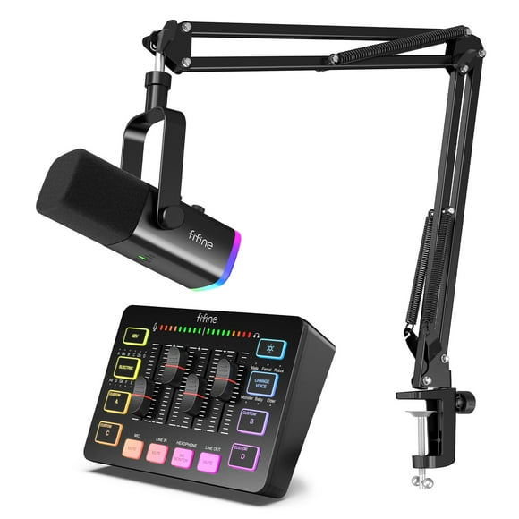 FIFINE XLR/USB Gaming Microphone Set and Gaming Audio Mixer,Dynamic PC Mic for Streaming Podcasting,RGB Recording Mixer with XLR Microphone Interface,Computer