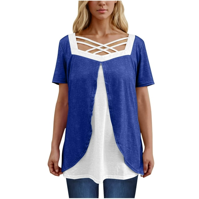 Timegard Hauts d'Été pour Femmes Grande Taille Col Carré Croisé Manches Courtes Décontracté Confortable Blouse