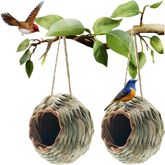 BESTSKY Humming Bird Houses for Outdoor Hanging,Natural Grass Bird Hut,Hand Woven Hummingbird Nest,Wren Finch Bird House for Garden Window Outdoor Home 2 Pack