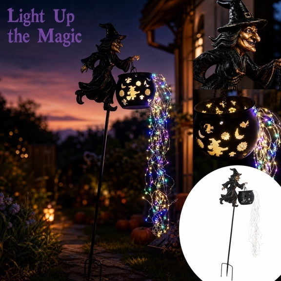 Halloween Witch Cauldron Garden Light, 3D Waterfall Metal Stake Light with Warm and Colorful LED, Outdoor Yard Lawn Porch Decor, 33.07 Inch