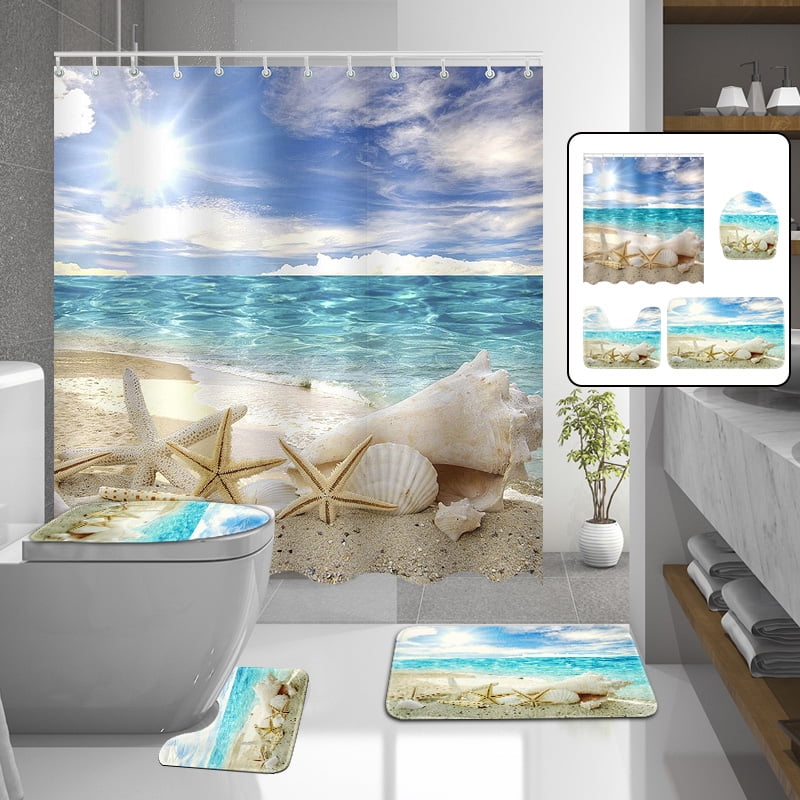 Color Waterproof Shower Curtain Bath Rug Set Blue sea Green Palm Tree Island Tahiti Multicolor Bath Curtain Doormat Set for Bathroom Contain 12 Gold Shower Curtain Hooks 66x72 inch/20x32 inch