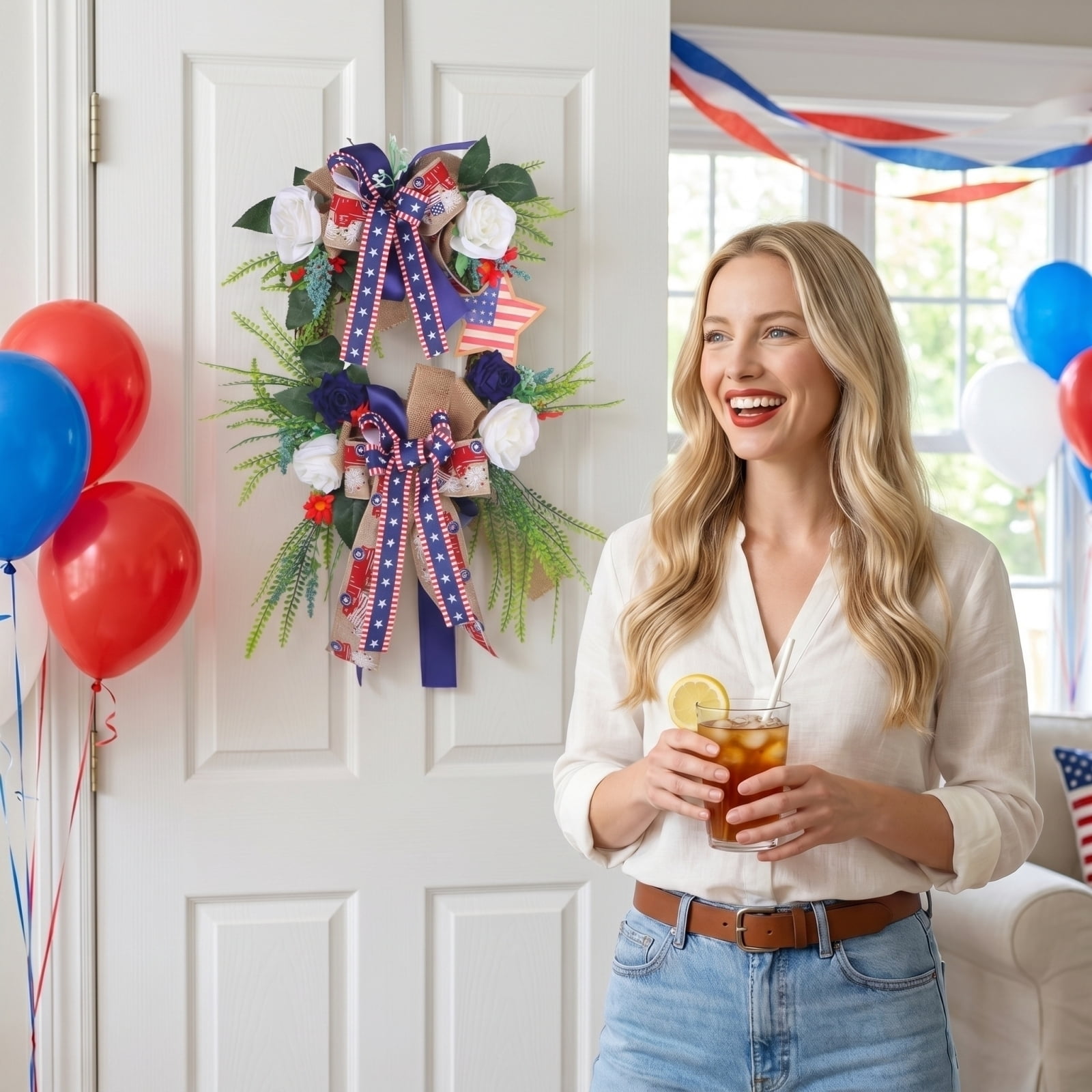 2026 Patriotic Wreath for Front Door, Simulation Flower Circle Door Hanging Wreath Double Bow Craft for Independence Day Courtyard Party Wall Decor