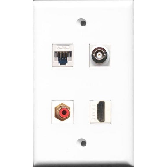 RiteAV - 1 Port HDMI and 1 Port RCA Red and 1 Port BNC and 1 Port Cat5e Ethernet White Wall Plate
